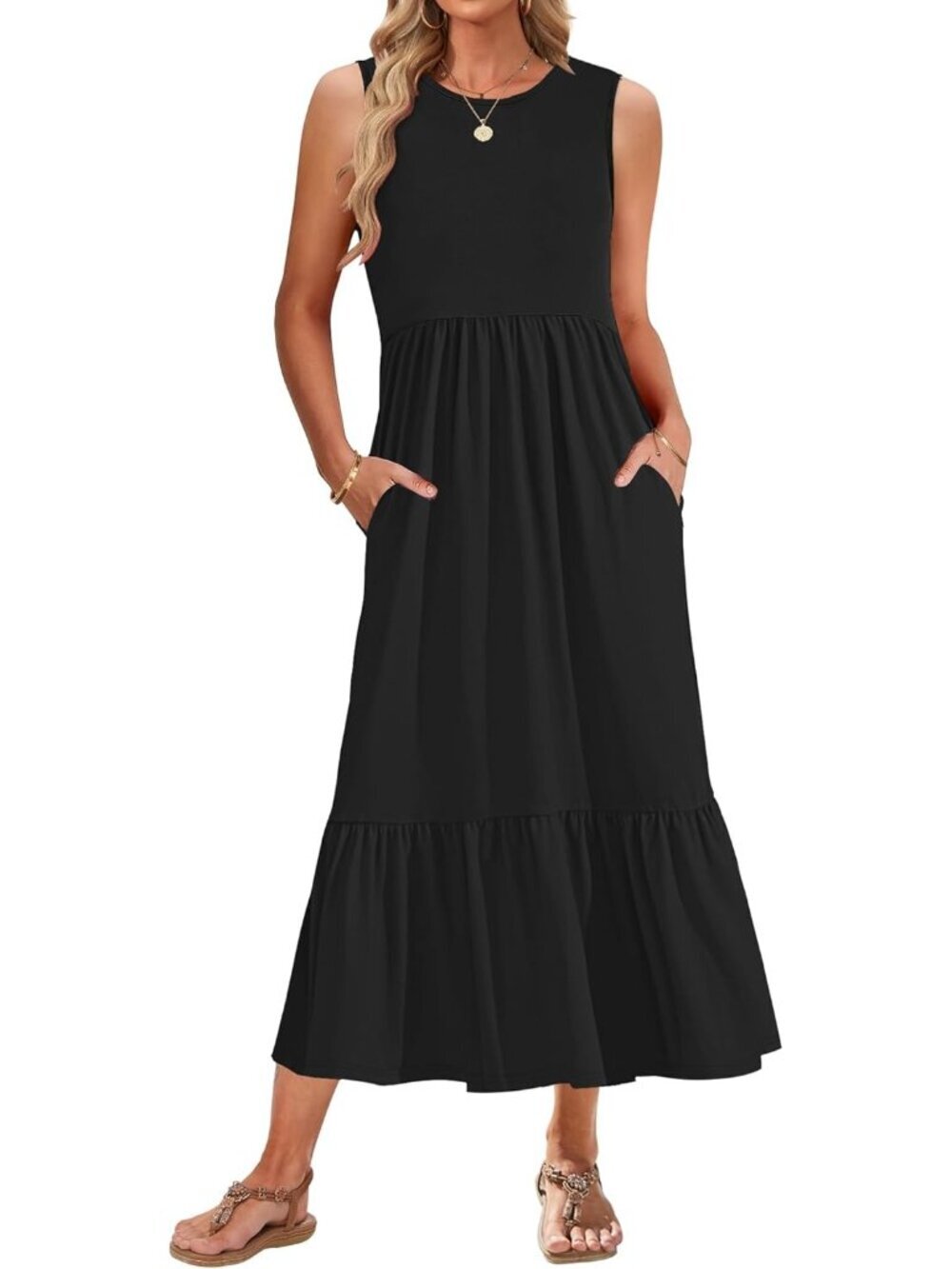 Women's Black Summer Sleeveless Empire Waist Crewneck Maxi Dresses with Pockets